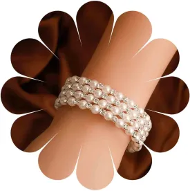 4-Strand Faux Pearl Stretch Bracelet Open Cuff Imitation Pearl Bangle Multilayer Crystal Winding Spiral Bracelet Wedding Bridal Jewellery for Women