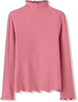 ACESTAR Girls Solid Lettuce Trim Mock Neck Shirt Long Sleeve Slim Fit Ribbed Knit Tee Ruffle Tops Soft Base Layer