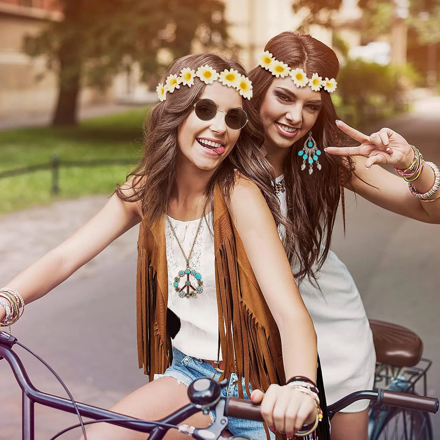 ACTLATI 60s 70s Outfits for Women Hippie Costume Set Halloween Fringe Vest Peace Sign Necklace Headband Sunglasses Earring
