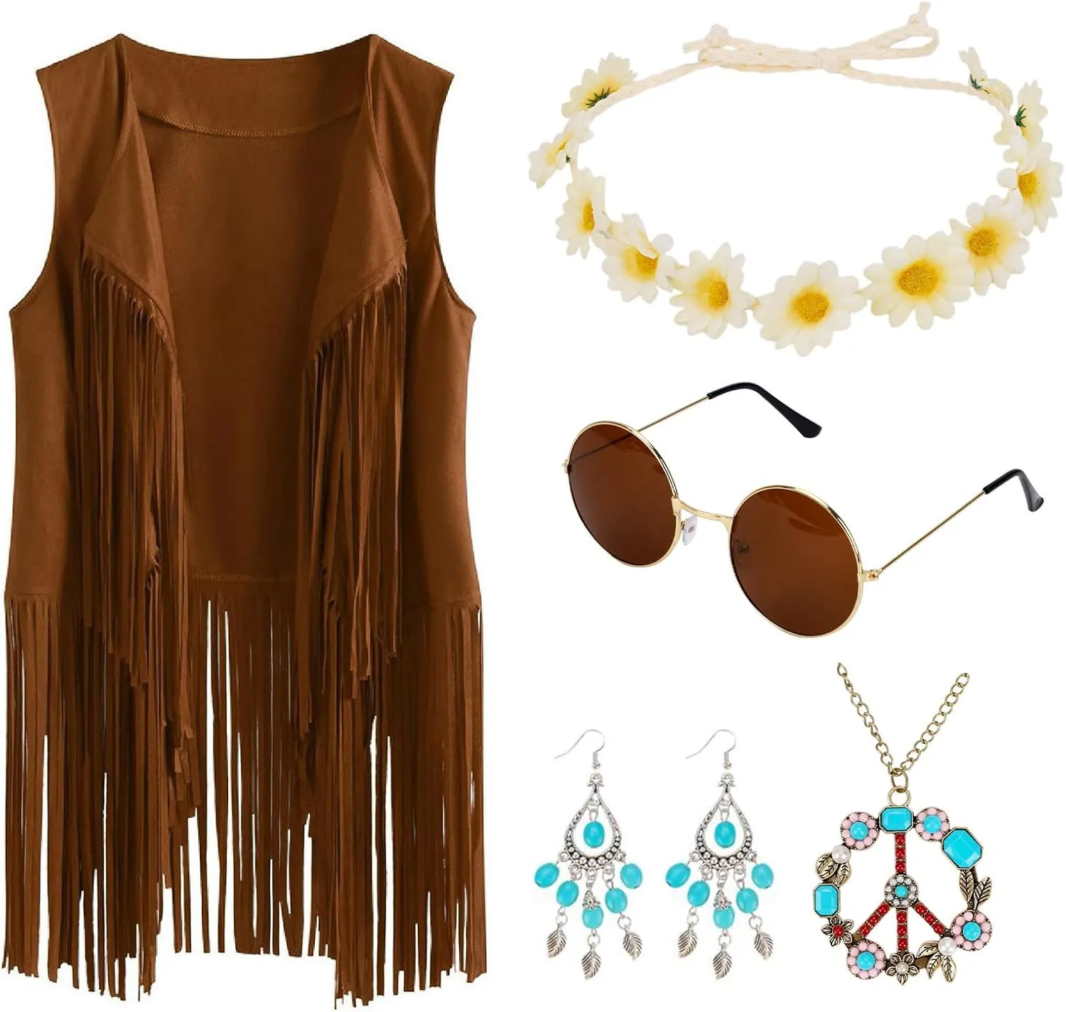 ACTLATI 60s 70s Outfits for Women Hippie Costume Set Halloween Fringe Vest Peace Sign Necklace Headband Sunglasses Earring