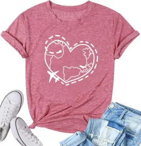 Airplane Mode Shirt Women Love Heart Graphic Tees Adventure Letter Print Short Sleeve Travel Shirts Casual Outdoor Tops