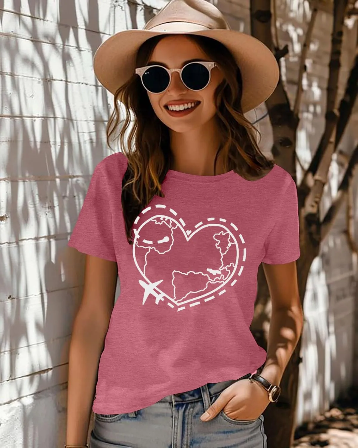 Airplane Mode Shirt Women Love Heart Graphic Tees Adventure Letter Print Short Sleeve Travel Shirts Casual Outdoor Tops