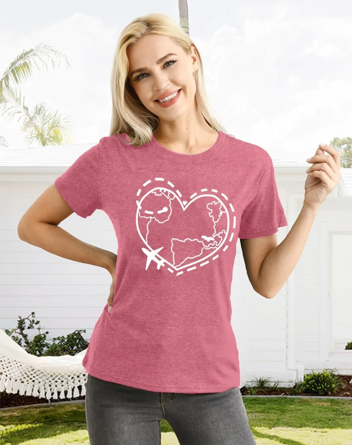 Airplane Mode Shirt Women Love Heart Graphic Tees Adventure Letter Print Short Sleeve Travel Shirts Casual Outdoor Tops