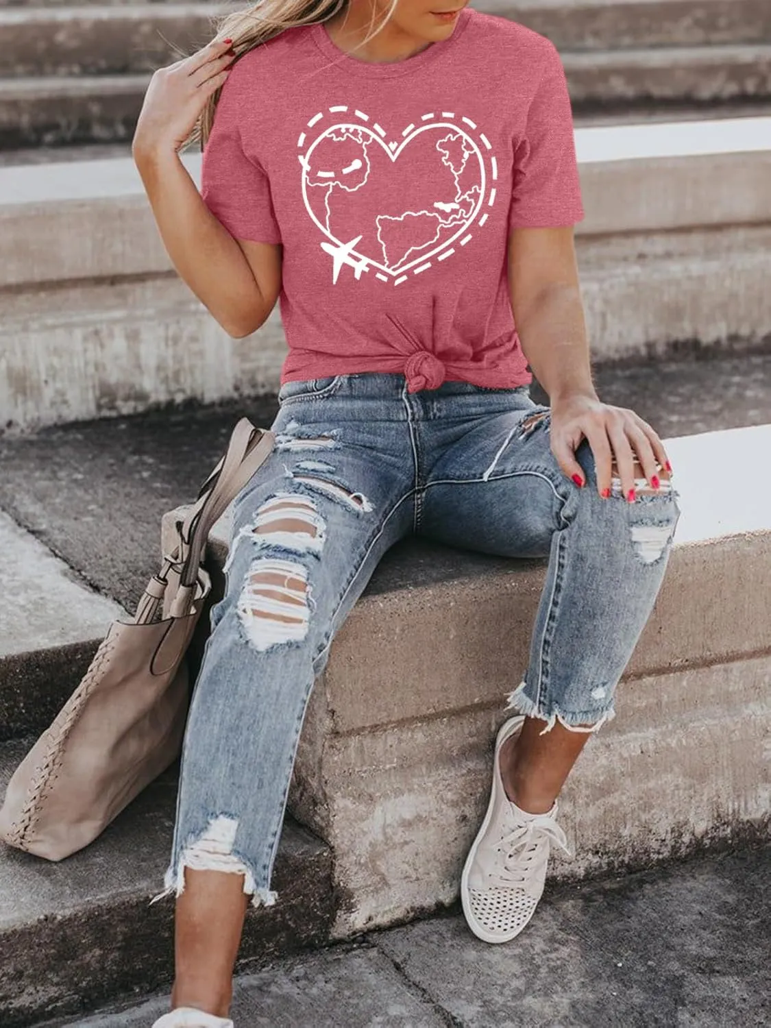 Airplane Mode Shirt Women Love Heart Graphic Tees Adventure Letter Print Short Sleeve Travel Shirts Casual Outdoor Tops