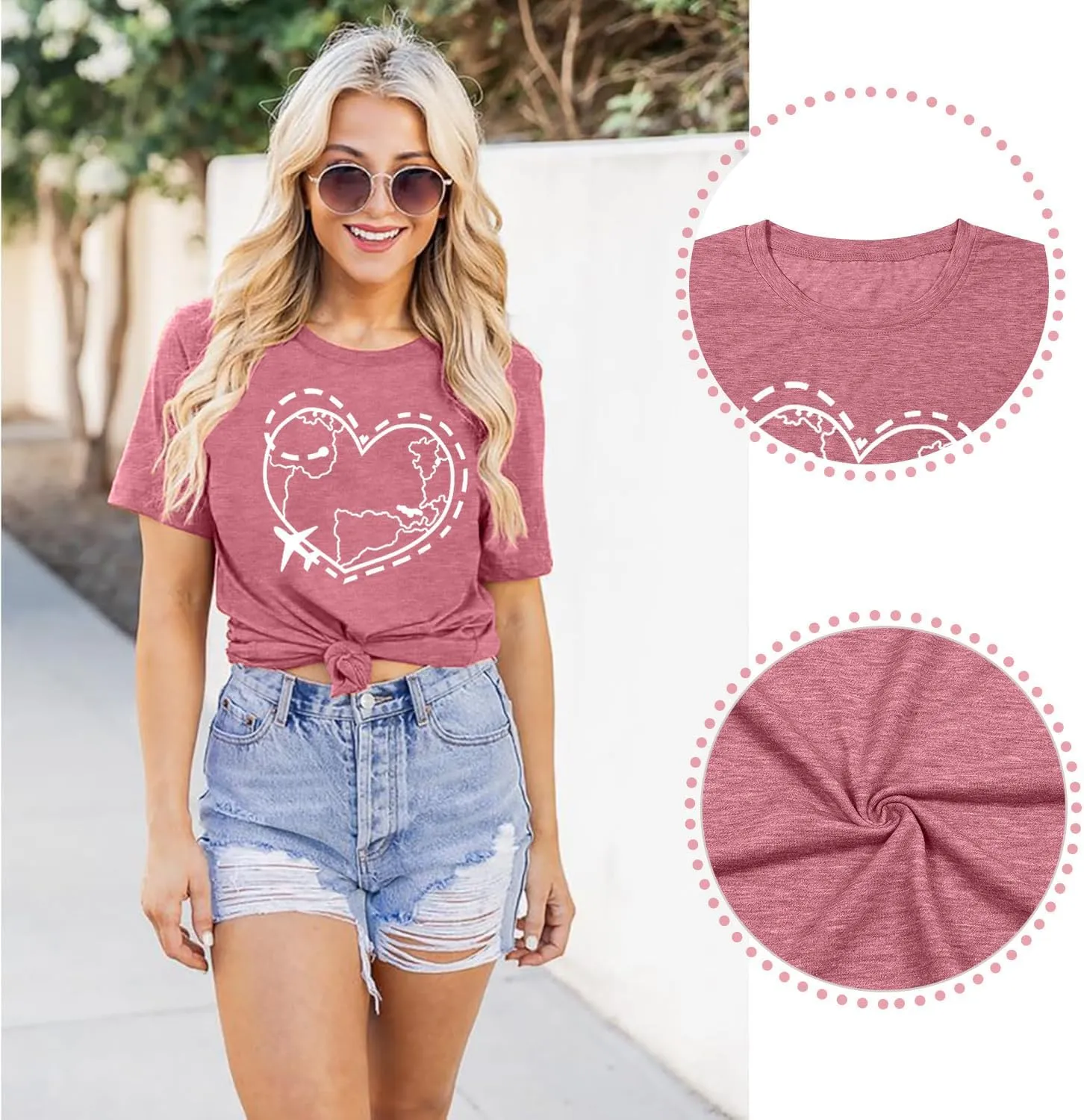 Airplane Mode Shirt Women Love Heart Graphic Tees Adventure Letter Print Short Sleeve Travel Shirts Casual Outdoor Tops