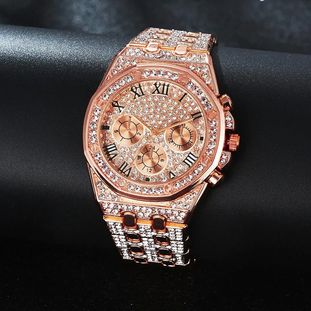 Apzzic Diamond Iced Out Watch CZ Gold Plated 40mm Width Roman Numerals Dial Quartz Wristband Watch for Men Women