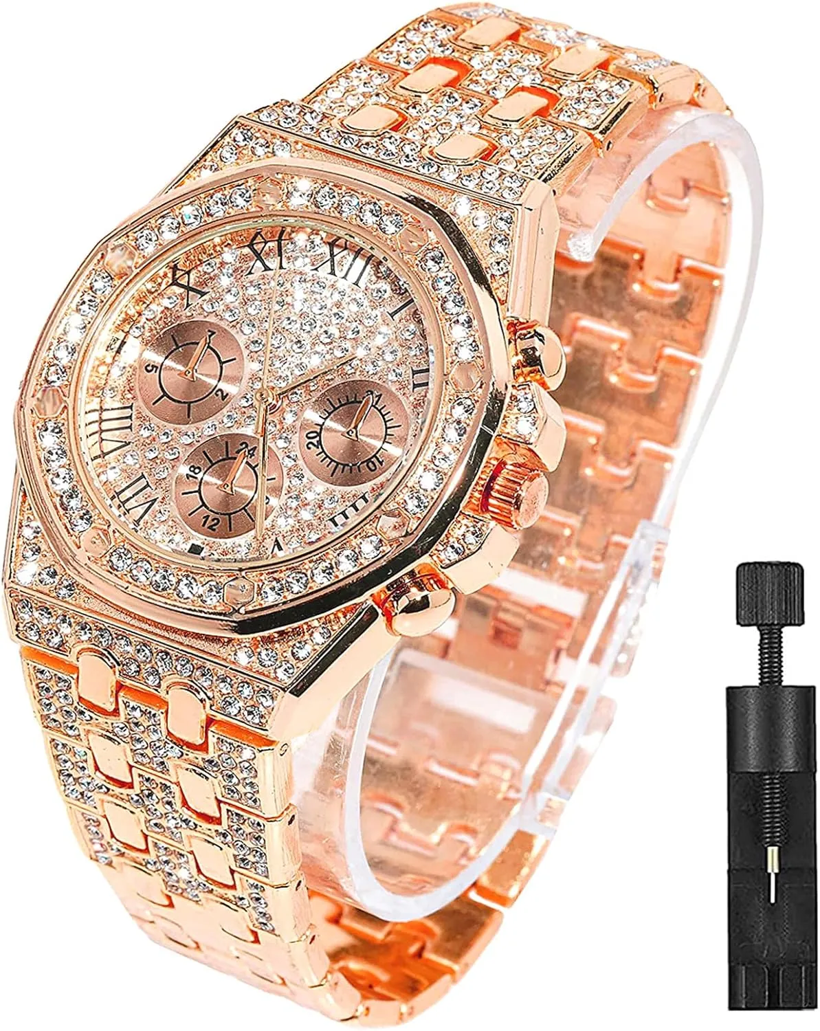 Apzzic Diamond Iced Out Watch CZ Gold Plated 40mm Width Roman Numerals Dial Quartz Wristband Watch for Men Women