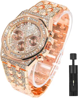 Apzzic Diamond Iced Out Watch CZ Gold Plated 40mm Width Roman Numerals Dial Quartz Wristband Watch for Men Women