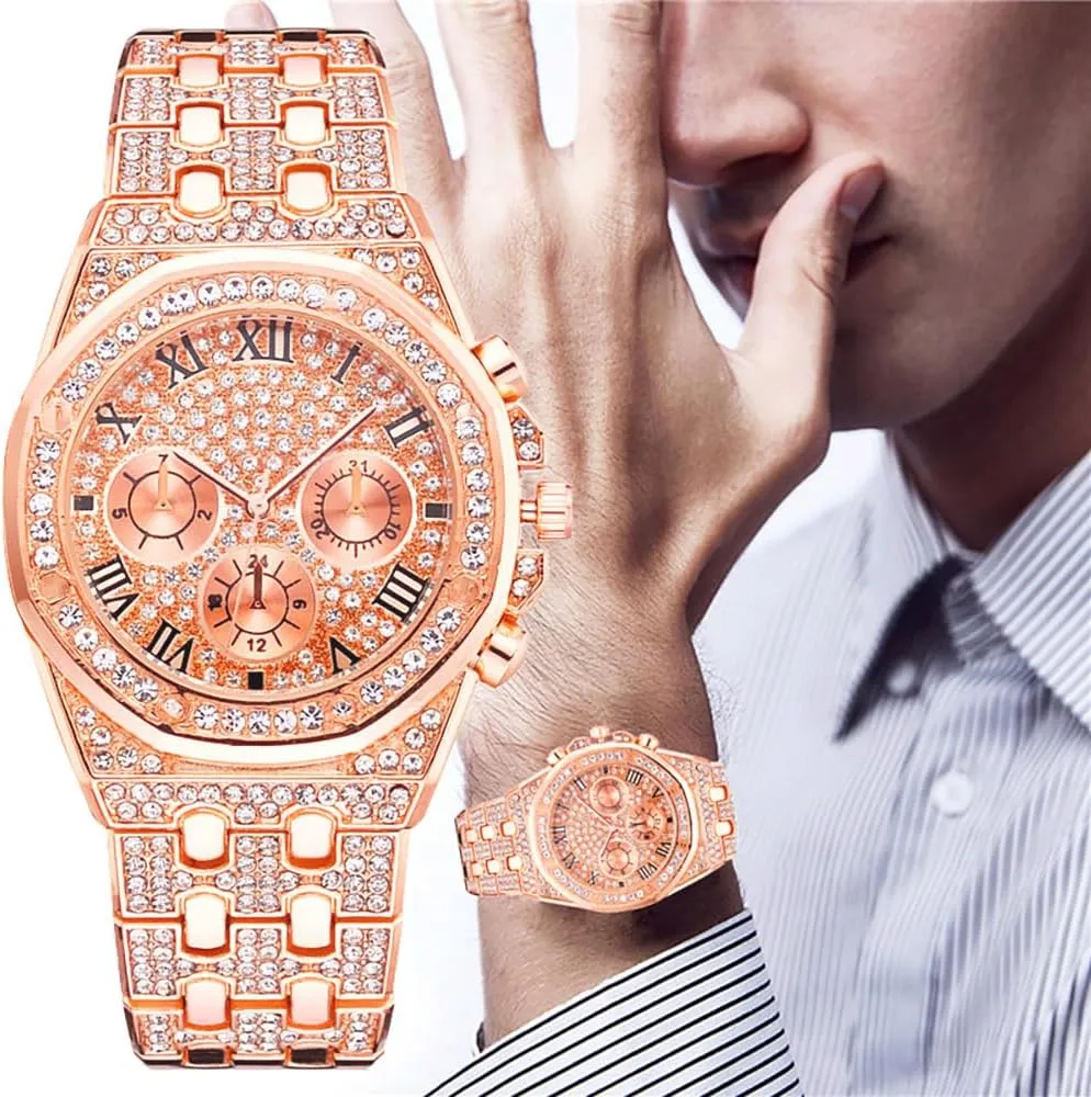 Apzzic Diamond Iced Out Watch CZ Gold Plated 40mm Width Roman Numerals Dial Quartz Wristband Watch for Men Women