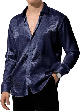 Arjen Kroos Mens Silk Like Satin Formal Dress Shirts Slim Fit Button Down Jacquard Shiny Luxury Shirts