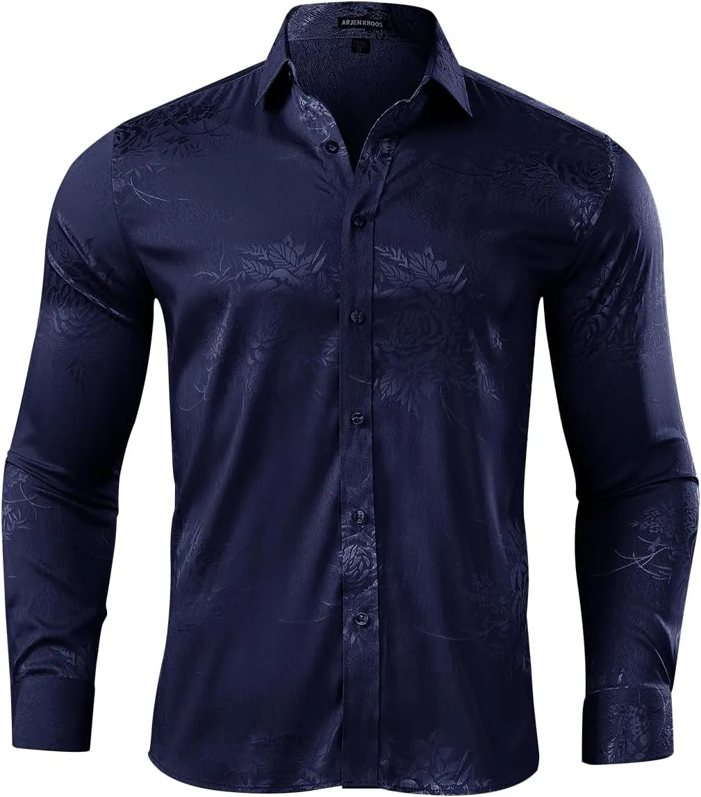 Arjen Kroos Mens Silk Like Satin Formal Dress Shirts Slim Fit Button Down Jacquard Shiny Luxury Shirts