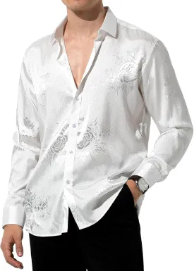 Arjen Kroos Mens Silk Like Satin Formal Dress Shirts Slim Fit Button Down Jacquard Shiny Luxury Shirts