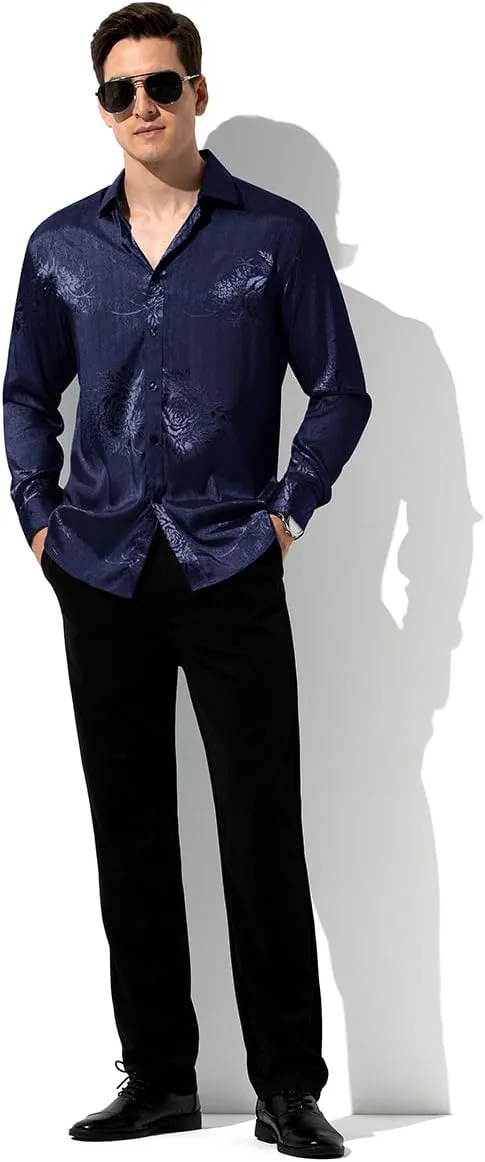 Arjen Kroos Mens Silk Like Satin Formal Dress Shirts Slim Fit Button Down Jacquard Shiny Luxury Shirts