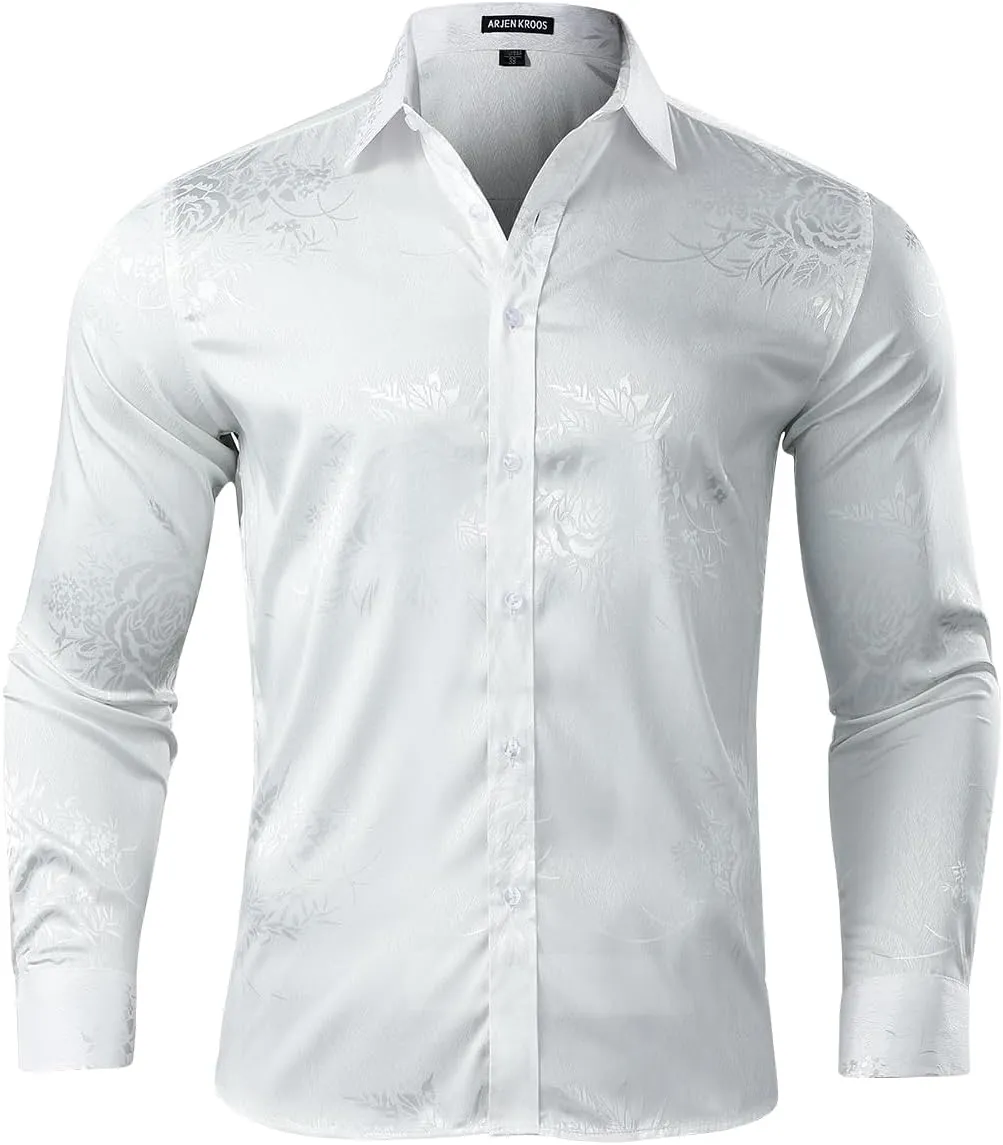 Arjen Kroos Mens Silk Like Satin Formal Dress Shirts Slim Fit Button Down Jacquard Shiny Luxury Shirts
