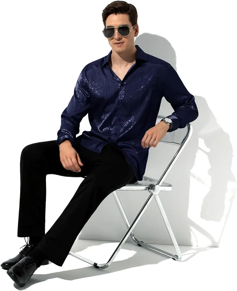 Arjen Kroos Mens Silk Like Satin Formal Dress Shirts Slim Fit Button Down Jacquard Shiny Luxury Shirts