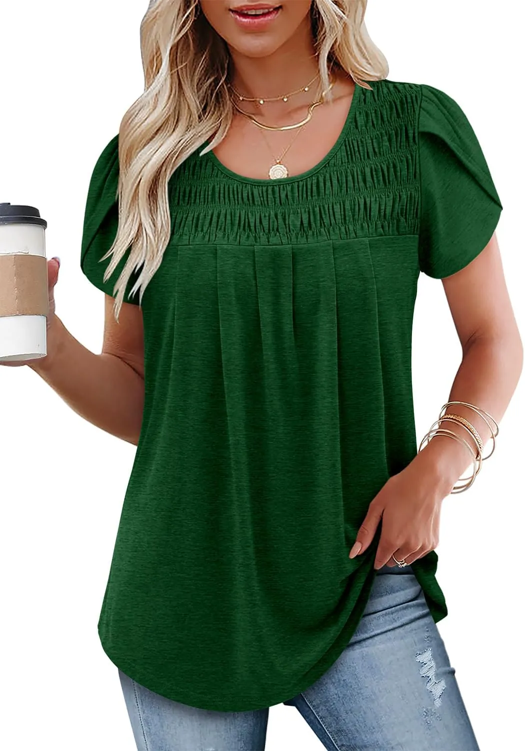BETTE BOUTIK Womens Summer Tops Pleated Short Sleeve Tunic Tops Short Sleeve Blouses Shirts S-3XL