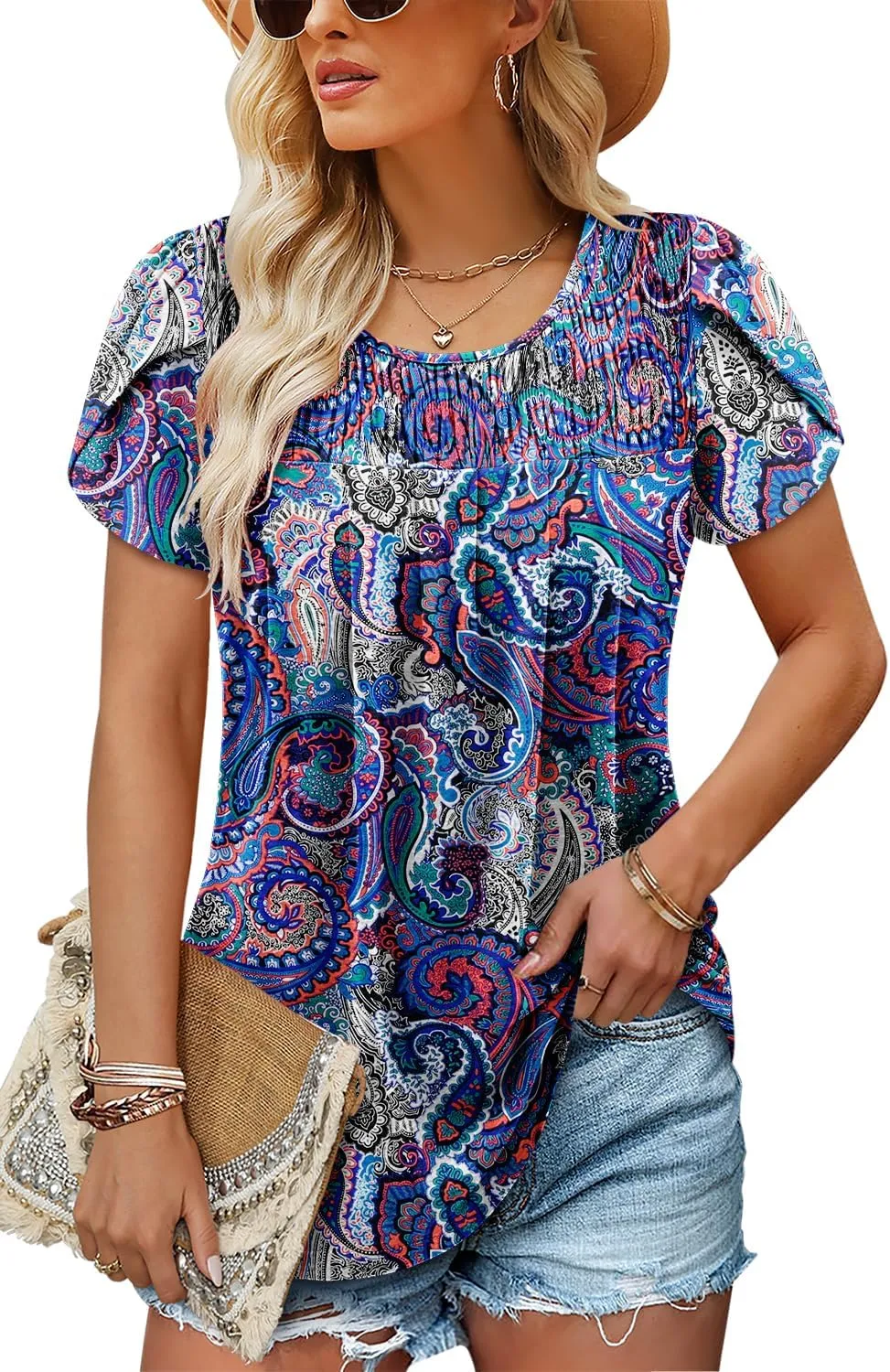 BETTE BOUTIK Womens Summer Tops Pleated Short Sleeve Tunic Tops Short Sleeve Blouses Shirts S-3XL