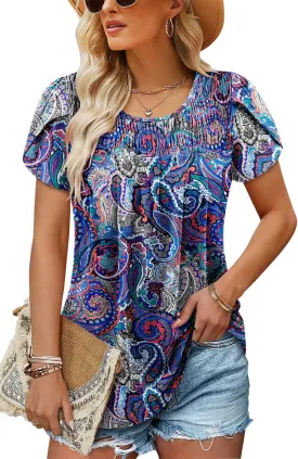 BETTE BOUTIK Womens Summer Tops Pleated Short Sleeve Tunic Tops Short Sleeve Blouses Shirts S-3XL