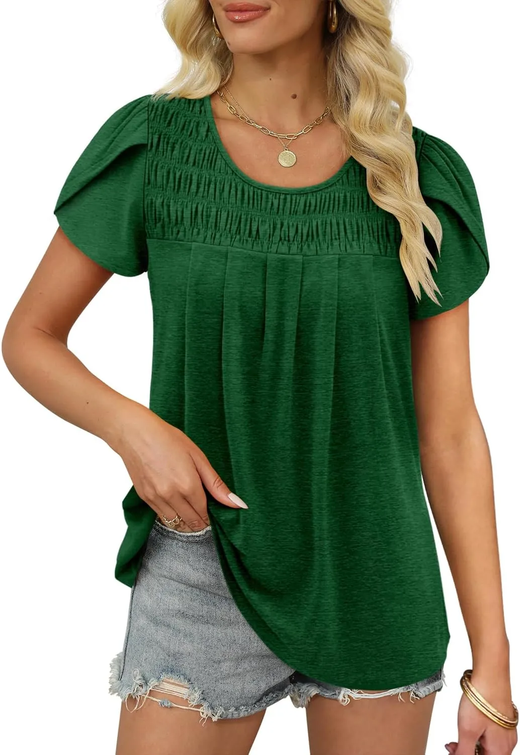 BETTE BOUTIK Womens Summer Tops Pleated Short Sleeve Tunic Tops Short Sleeve Blouses Shirts S-3XL