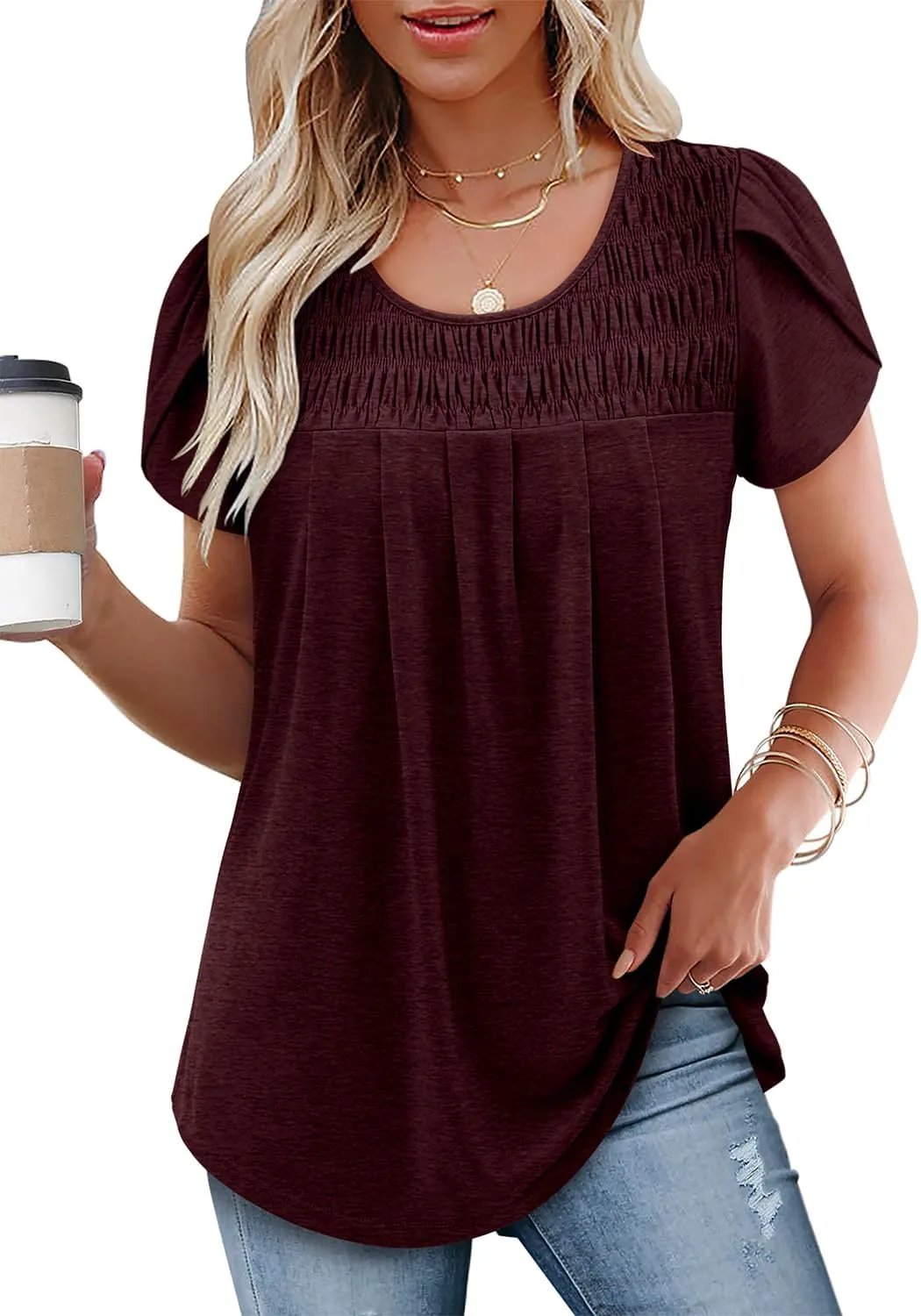 BETTE BOUTIK Womens Summer Tops Pleated Short Sleeve Tunic Tops Short Sleeve Blouses Shirts S-3XL