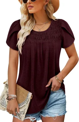 BETTE BOUTIK Womens Summer Tops Pleated Short Sleeve Tunic Tops Short Sleeve Blouses Shirts S-3XL