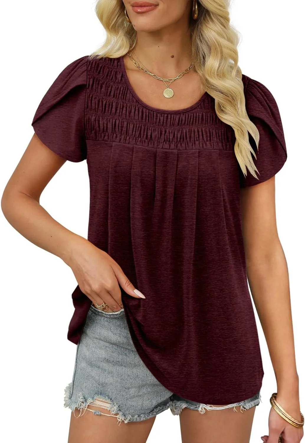 BETTE BOUTIK Womens Summer Tops Pleated Short Sleeve Tunic Tops Short Sleeve Blouses Shirts S-3XL