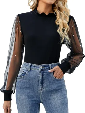 Blooming Jelly Womens Mock Neck Tops Keyhole Dressy Casual Blouses Polka Dot Long Sleeve Fall Outfits 2025