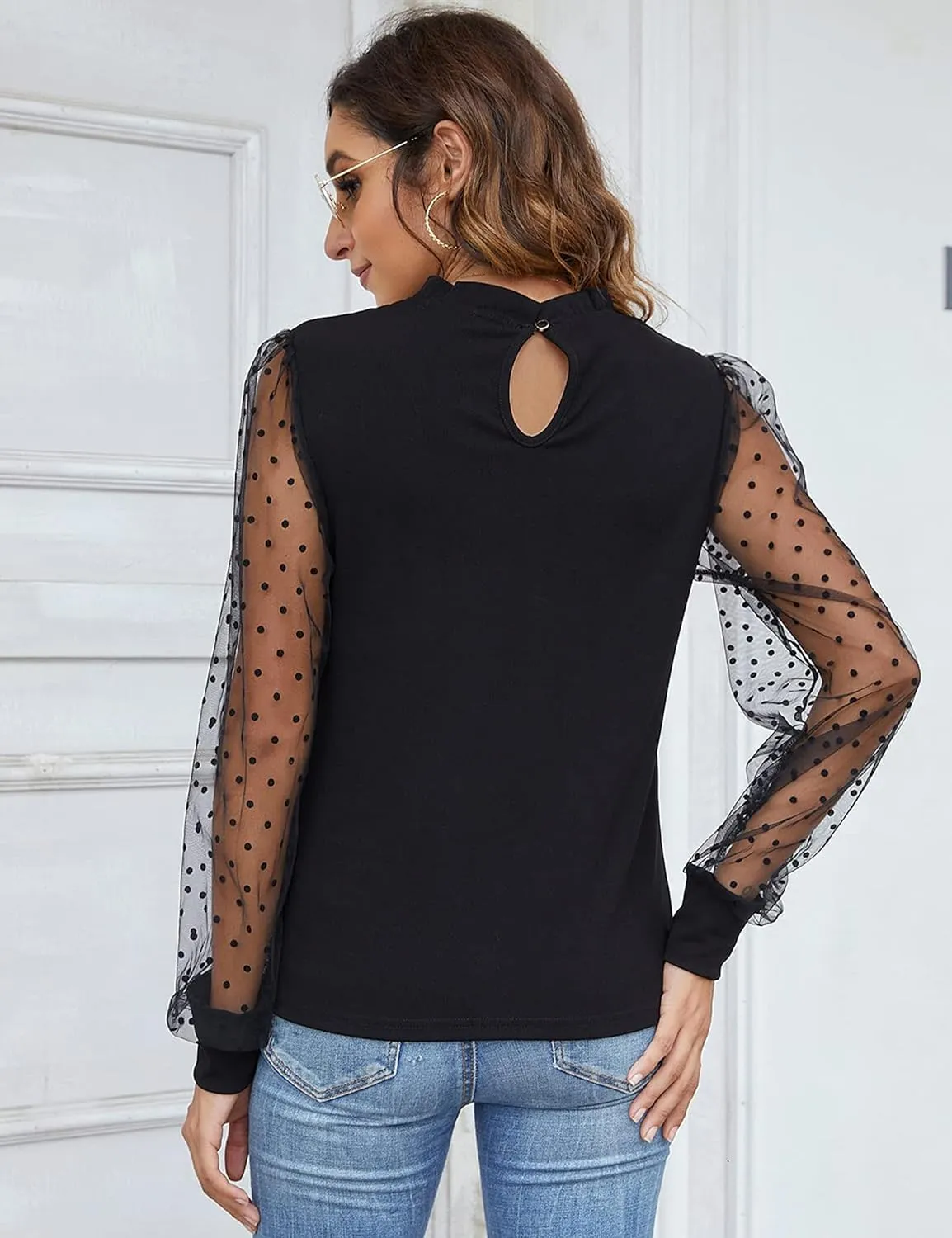 Blooming Jelly Womens Mock Neck Tops Keyhole Dressy Casual Blouses Polka Dot Long Sleeve Fall Outfits 2025