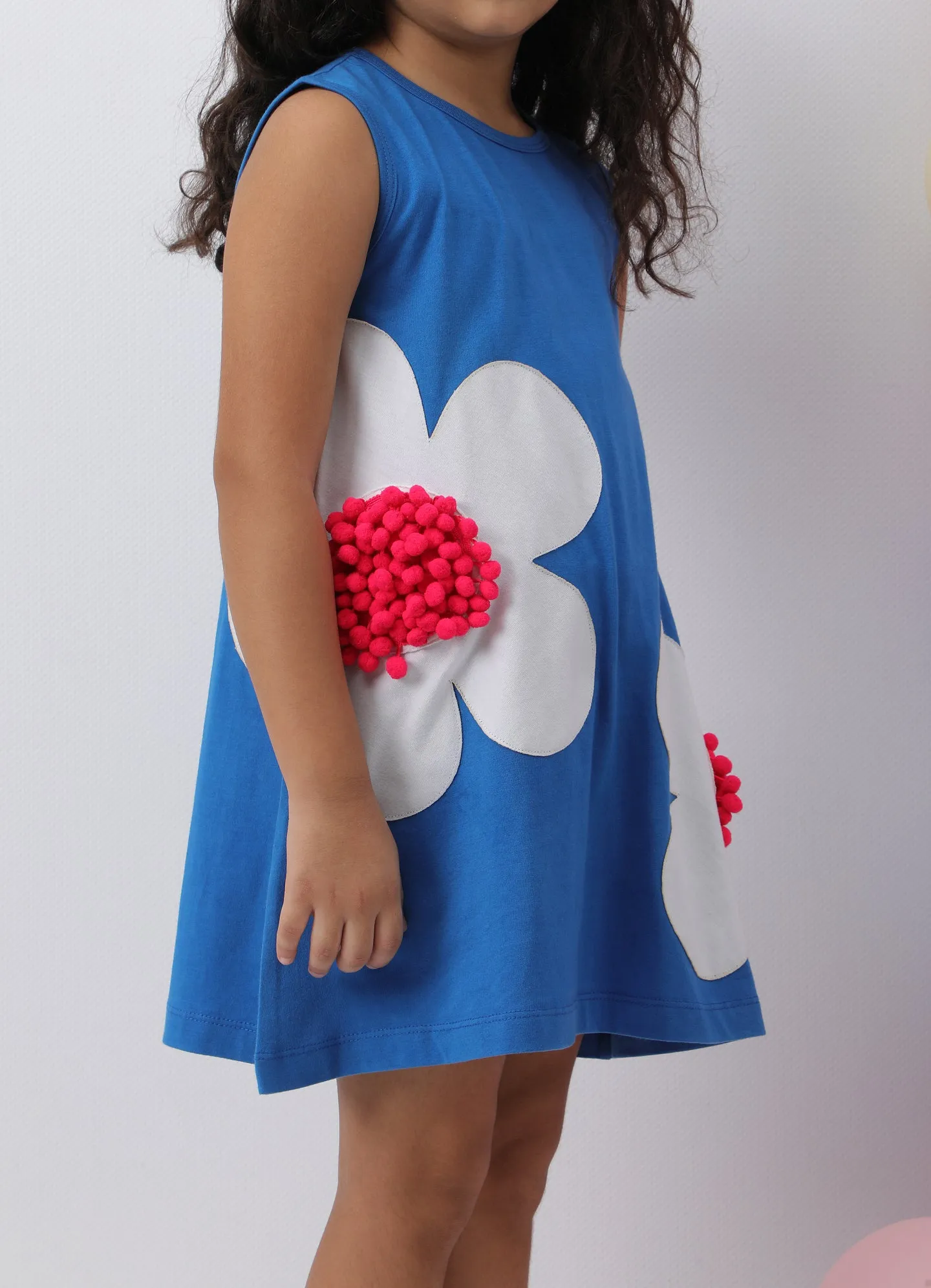 Blue Floral Pom Pom Dress