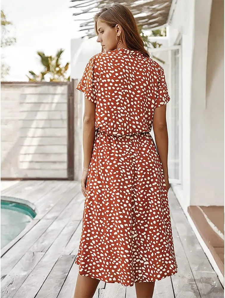 BROVAVE Women's Summer Polka Dot Print Shirt Dress Vintage Short Sleeve Button Down Midi Dress