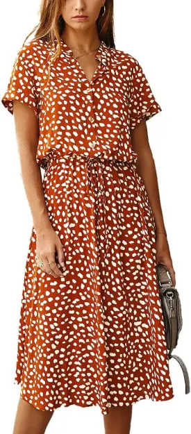 BROVAVE Women's Summer Polka Dot Print Shirt Dress Vintage Short Sleeve Button Down Midi Dress