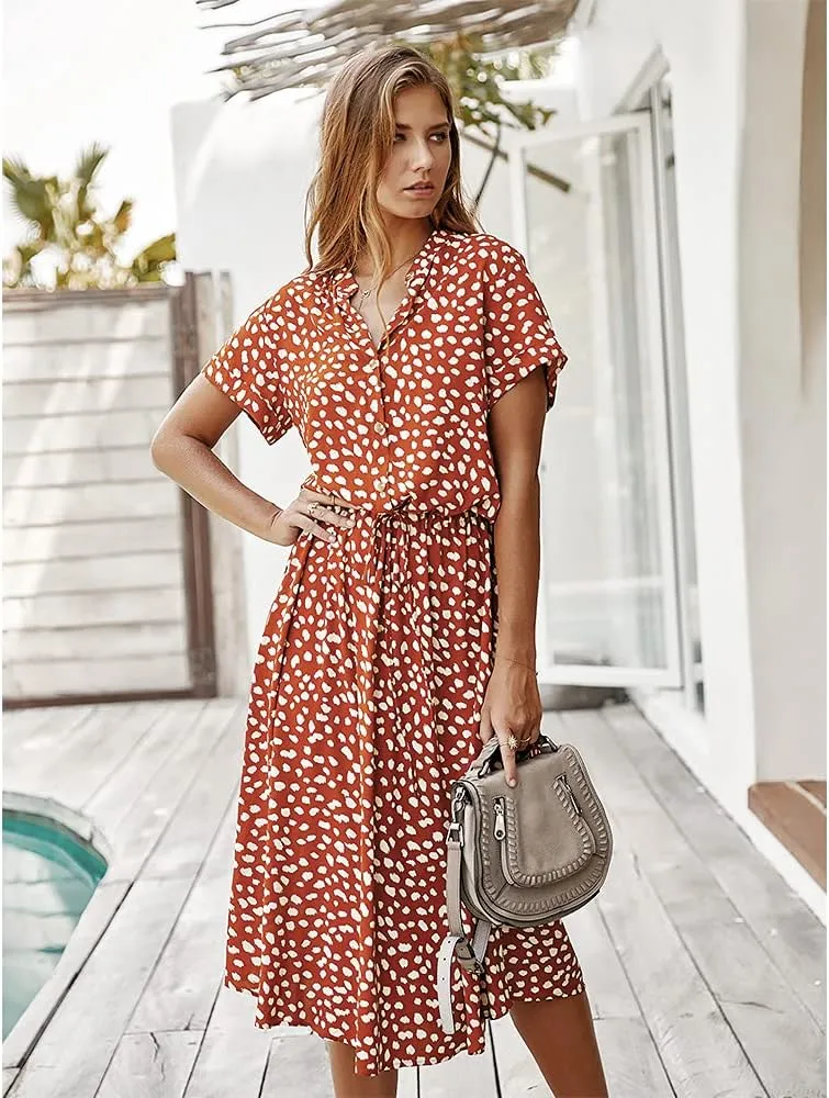 BROVAVE Women's Summer Polka Dot Print Shirt Dress Vintage Short Sleeve Button Down Midi Dress