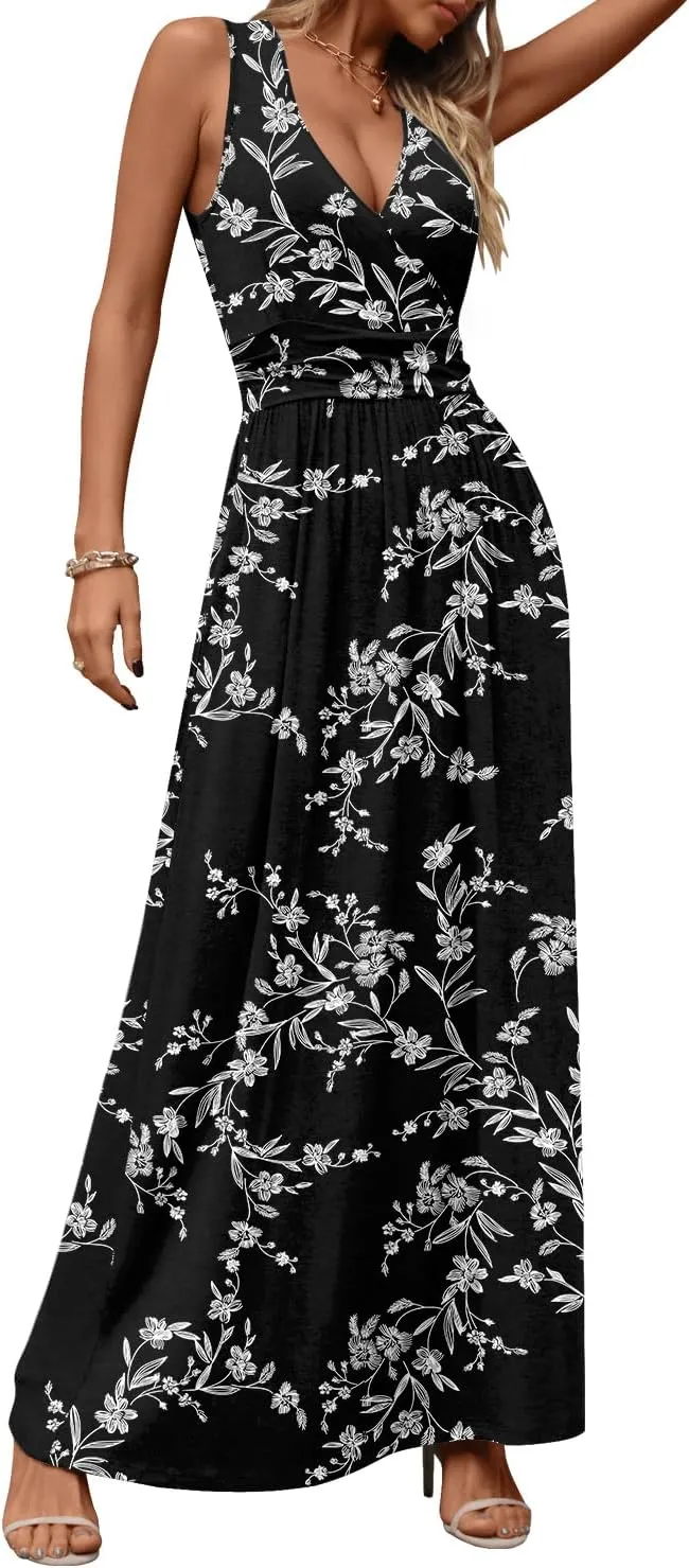 CATHY Women's Casual Sleeveless Deep V Neck Beach Waist Maxi Dresses with Pockets
