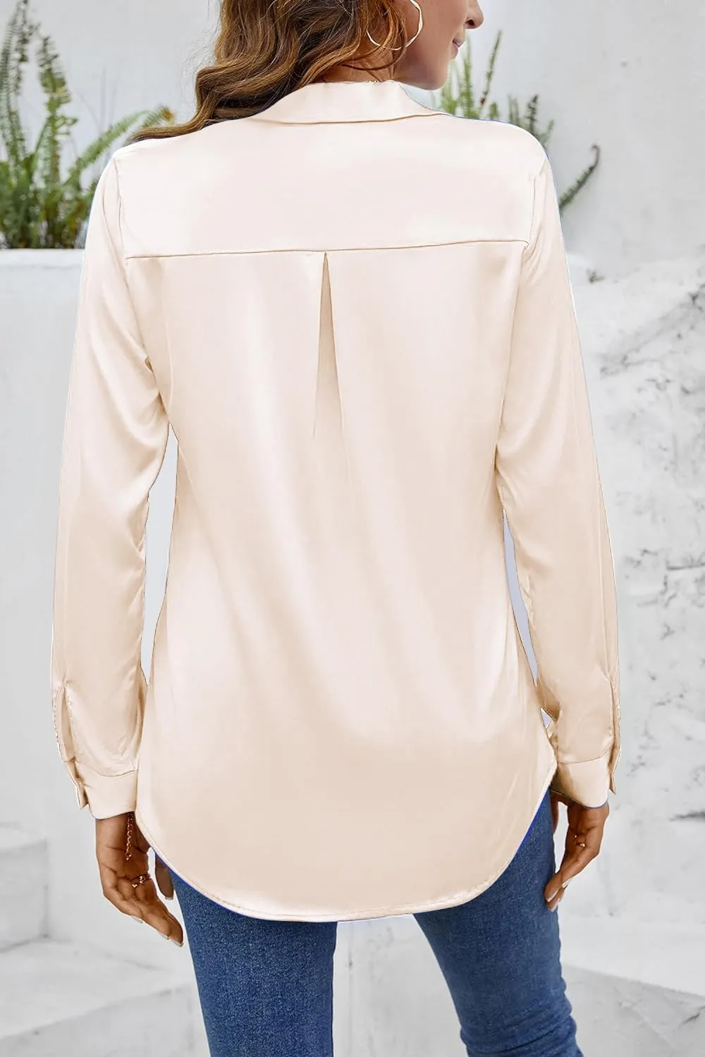 CBOO Women Elegant Satin Blouses Shirts, Soft Silk Shirts Top, Satin Button Down Shirts, Office Long Sleeve Blouse Shirt