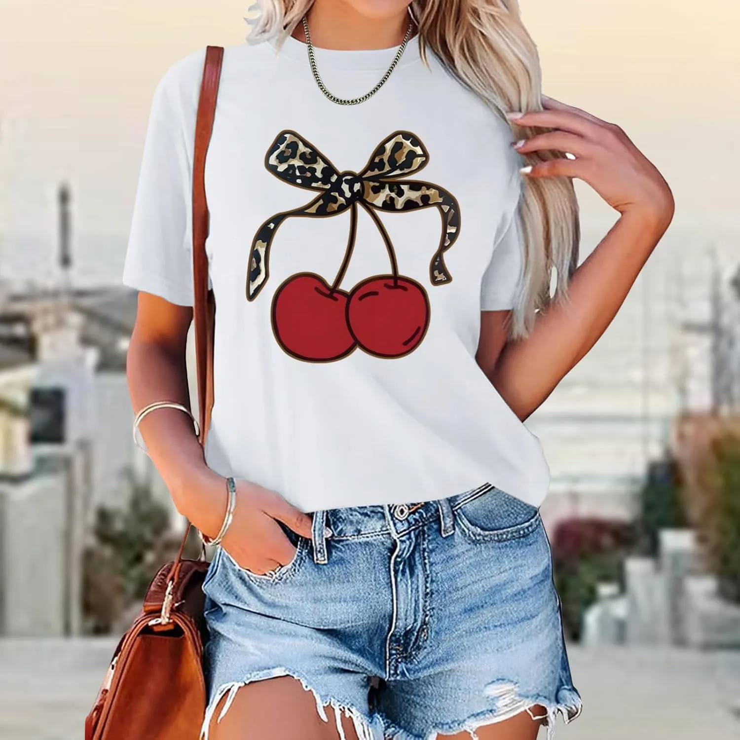Cherry Shirt Vintage Leopard Bow Print Shirts for Women Cute Fruit Aesthetic Graphic Casual Short Sleeve Tees Top