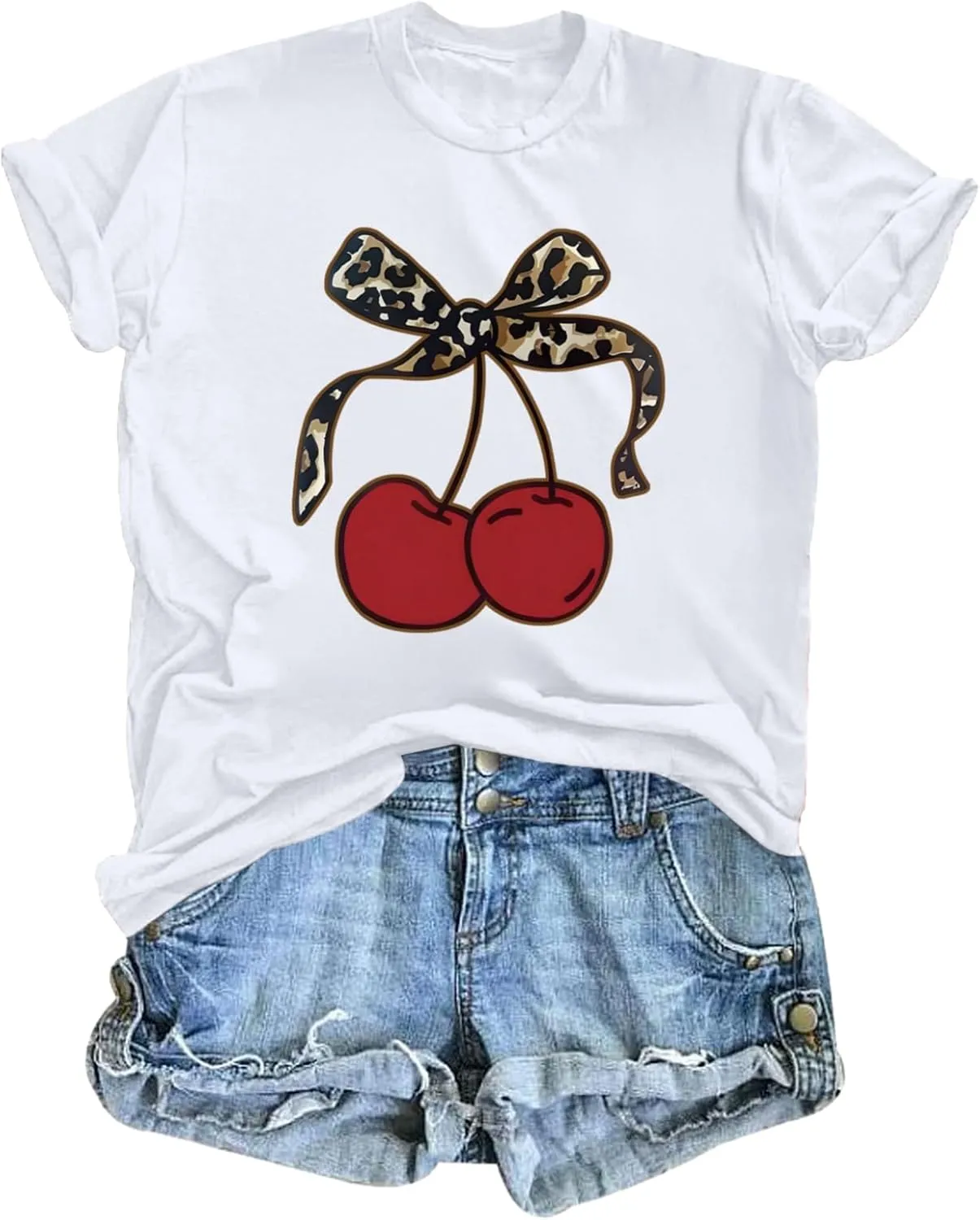 Cherry Shirt Vintage Leopard Bow Print Shirts for Women Cute Fruit Aesthetic Graphic Casual Short Sleeve Tees Top