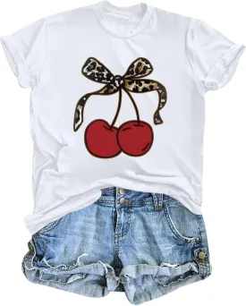 Cherry Shirt Vintage Leopard Bow Print Shirts for Women Cute Fruit Aesthetic Graphic Casual Short Sleeve Tees Top
