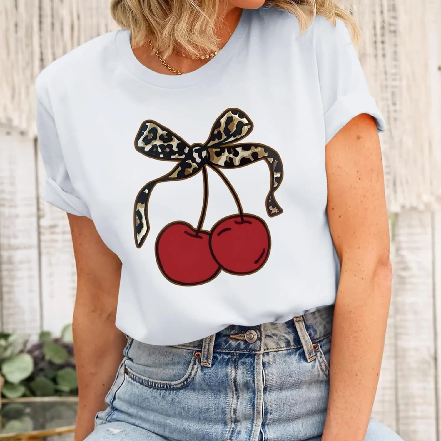 Cherry Shirt Vintage Leopard Bow Print Shirts for Women Cute Fruit Aesthetic Graphic Casual Short Sleeve Tees Top