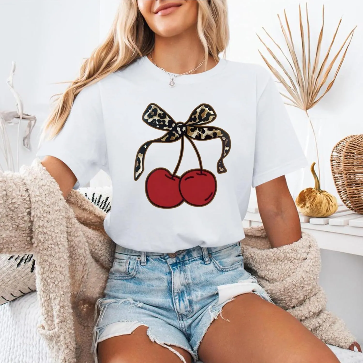 Cherry Shirt Vintage Leopard Bow Print Shirts for Women Cute Fruit Aesthetic Graphic Casual Short Sleeve Tees Top