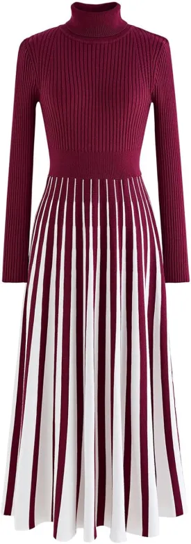 CHICWISH Women's Stripe Print Turtleneck Knit Midi Dress