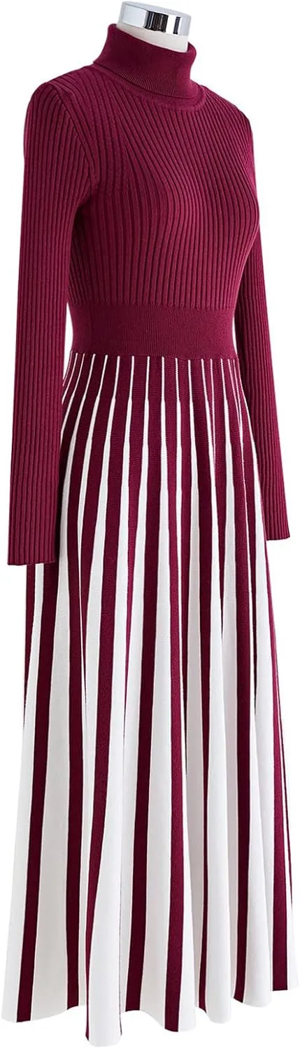 CHICWISH Women's Stripe Print Turtleneck Knit Midi Dress