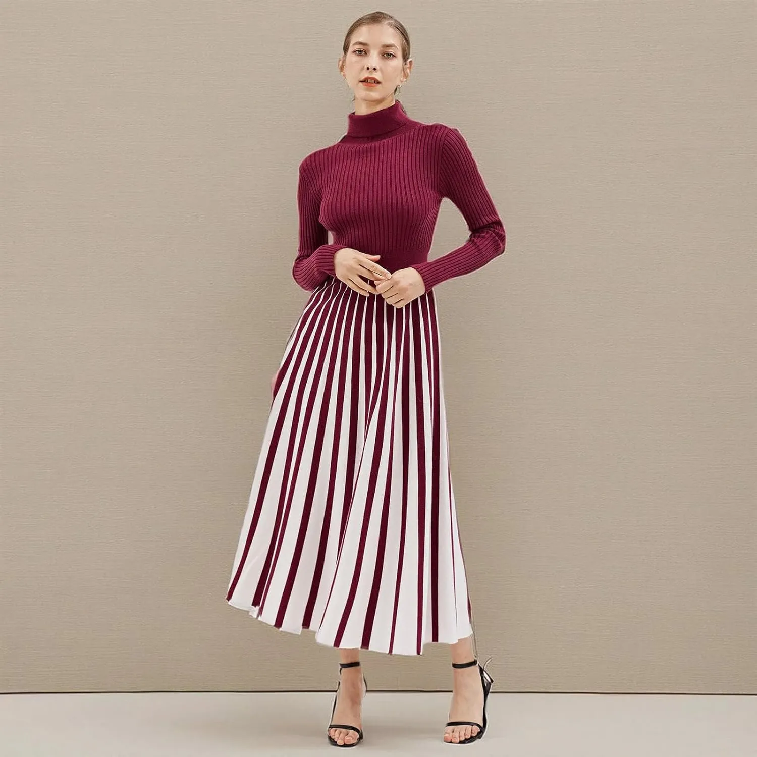 CHICWISH Women's Stripe Print Turtleneck Knit Midi Dress