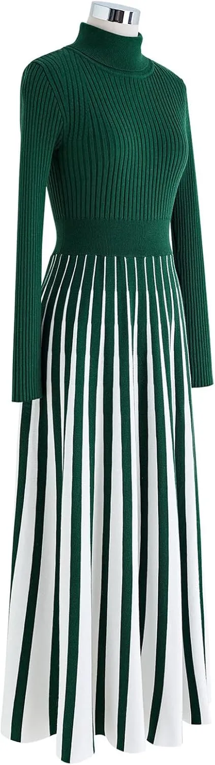 CHICWISH Women's Stripe Print Turtleneck Knit Midi Dress