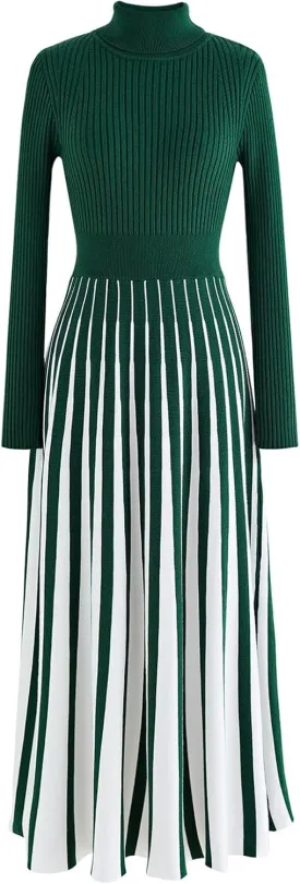 CHICWISH Women's Stripe Print Turtleneck Knit Midi Dress