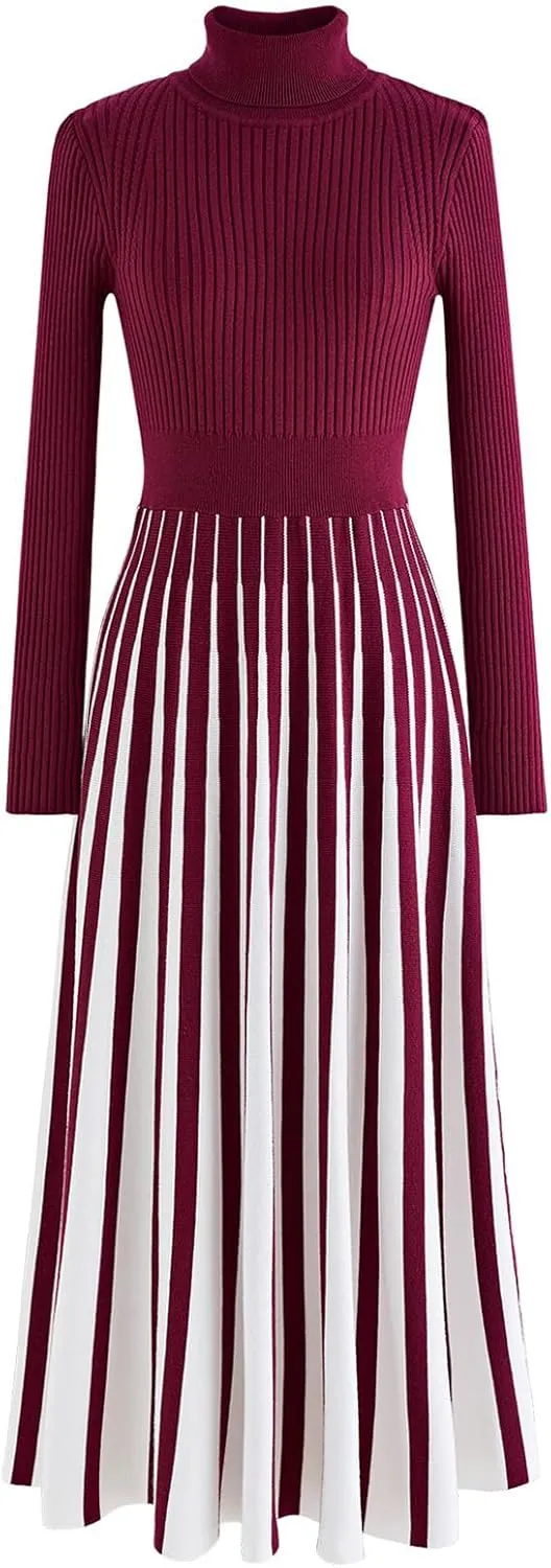 CHICWISH Women's Stripe Print Turtleneck Knit Midi Dress