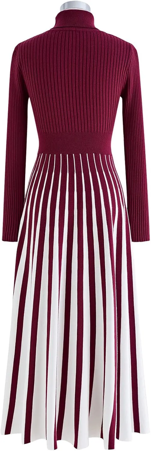 CHICWISH Women's Stripe Print Turtleneck Knit Midi Dress