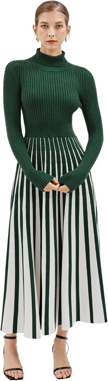 CHICWISH Women's Stripe Print Turtleneck Knit Midi Dress