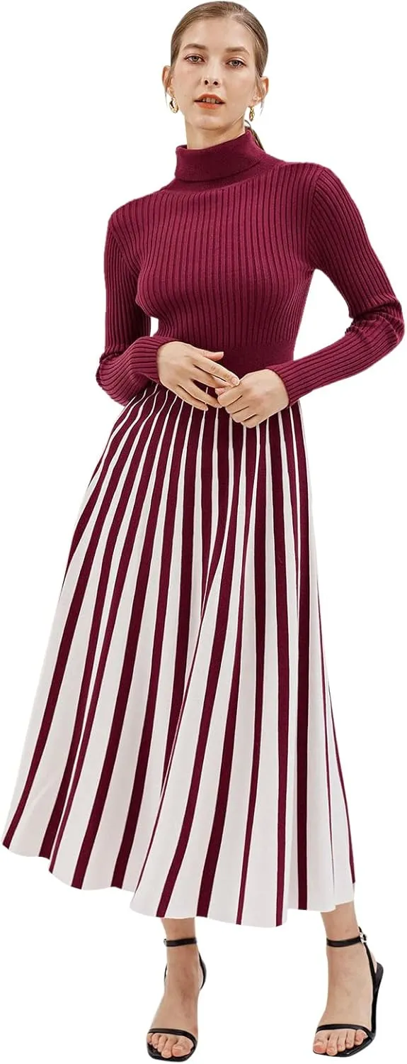 CHICWISH Women's Stripe Print Turtleneck Knit Midi Dress