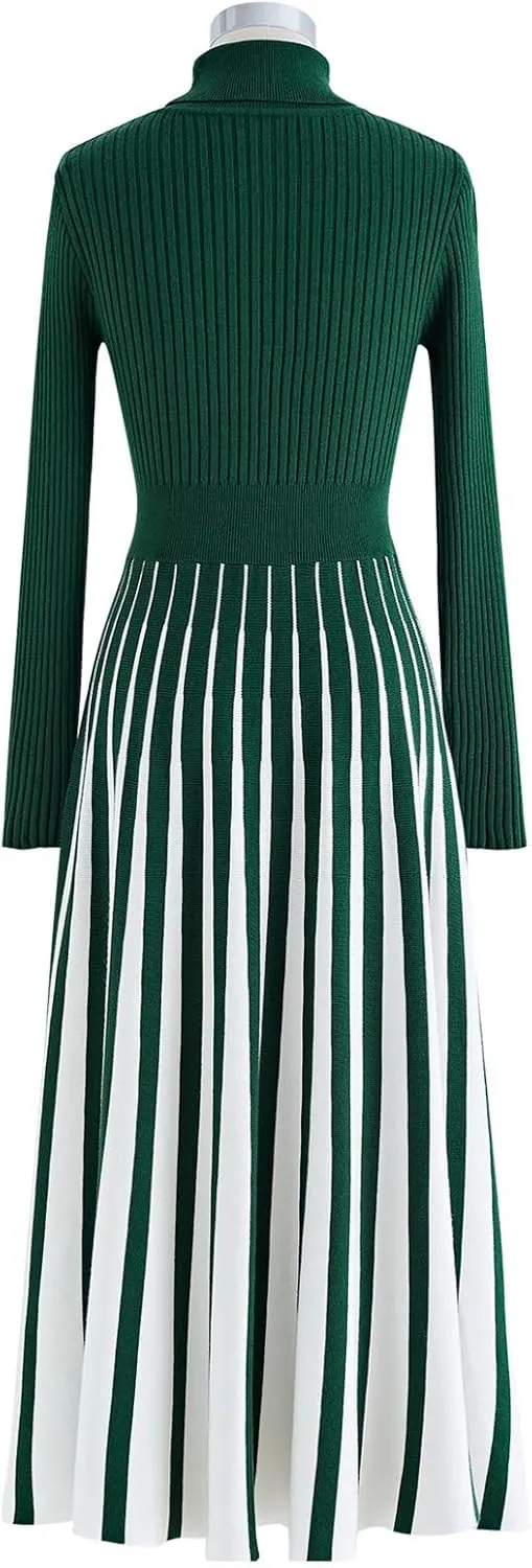 CHICWISH Women's Stripe Print Turtleneck Knit Midi Dress