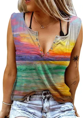 ETCYY Women Sleeveless V Neck Tank Tops Floral Print Loose Fit Causal Summer Country Music Ring Hole T Shirts